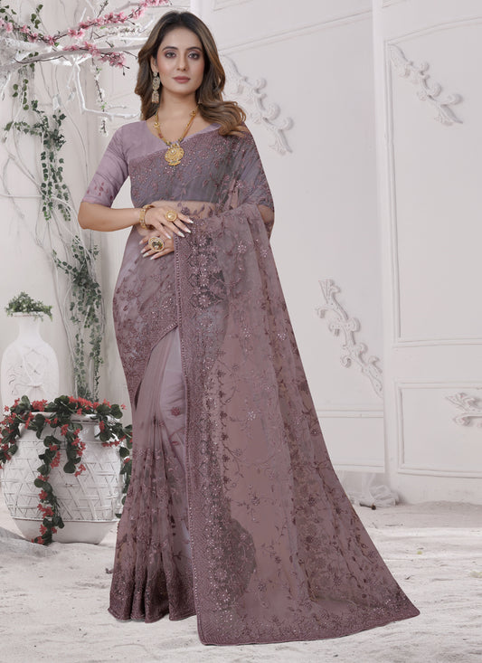 Mauve Net Heavy Embroidred Saree