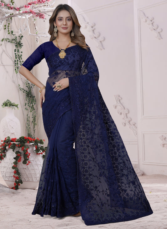 Navy Blue Net Heavy Embroidred Saree
