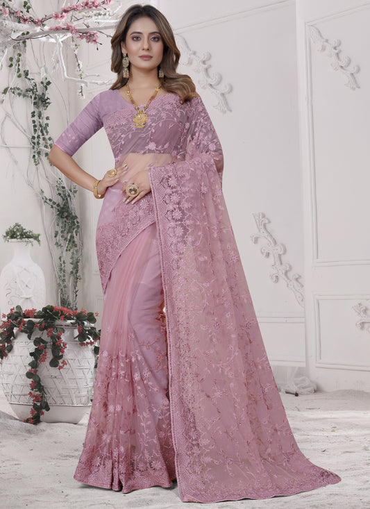 Dusty Pink Net Heavy Embroidred Saree