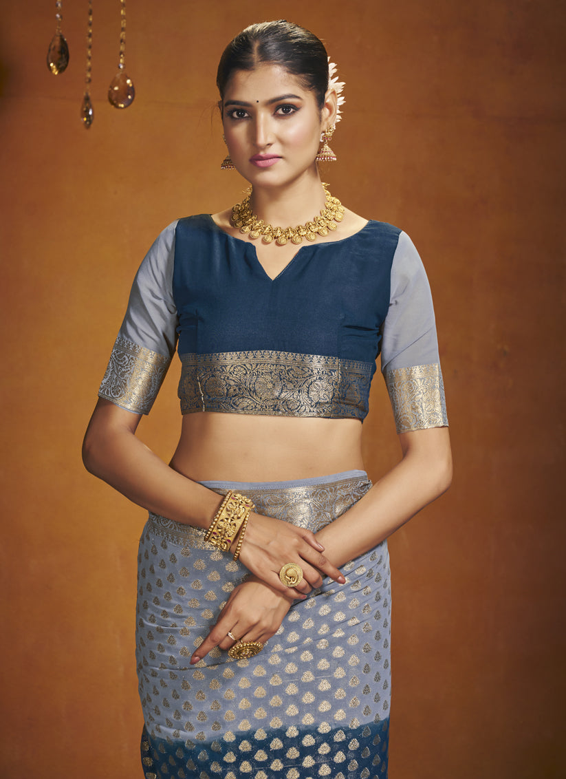 Navy Blue and Grey Georgette Festival Saree