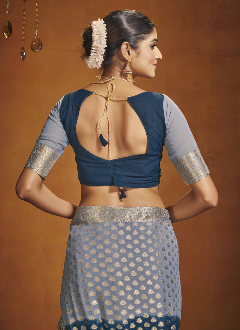 Navy Blue and Grey Georgette Festival Saree
