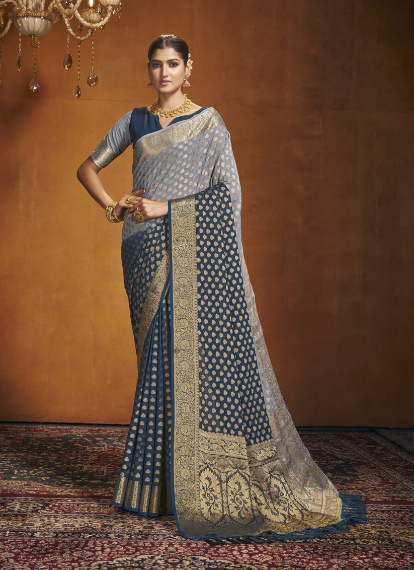 Navy Blue and Grey Georgette Festival Saree