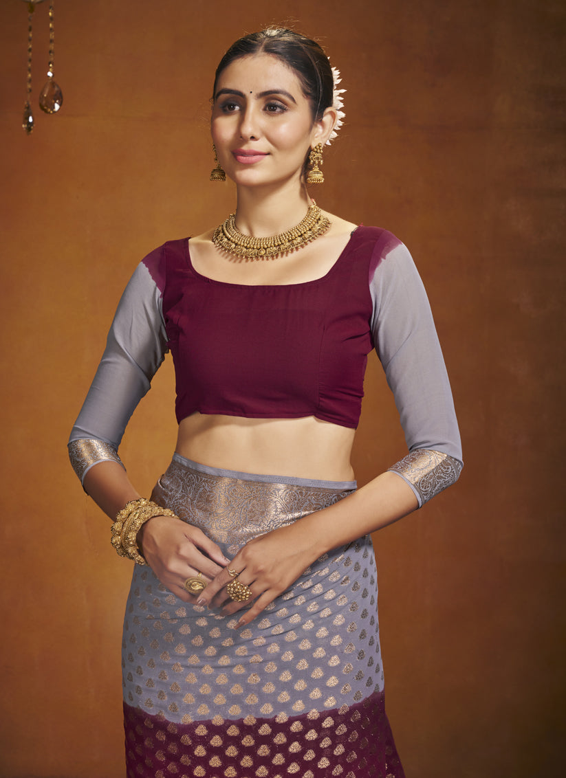 Maroon and Grey Georgette Festival Saree