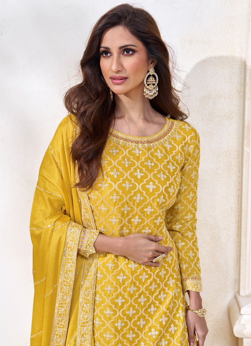 Mustard Chinnon Embroidered Lehenga Kameez