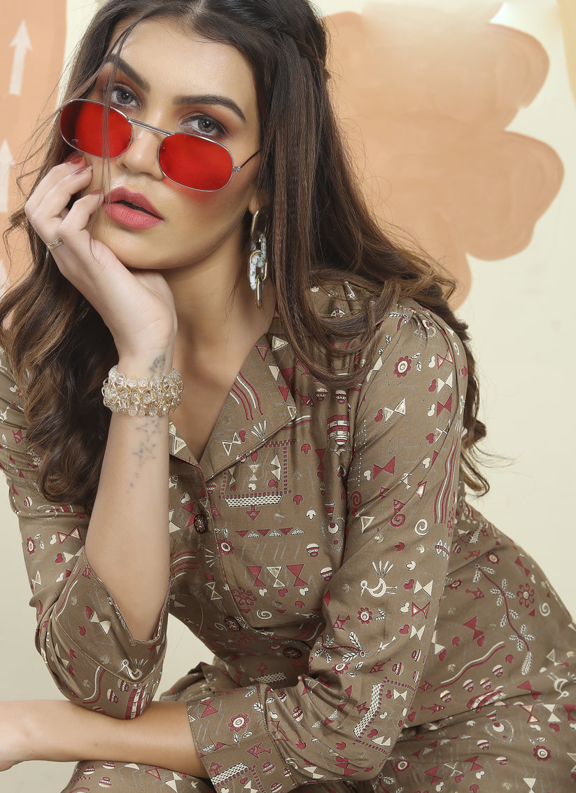 Brown Rayon Printed Co-Ord Set