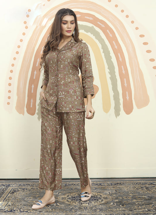 Brown Rayon Printed Co-Ord Set