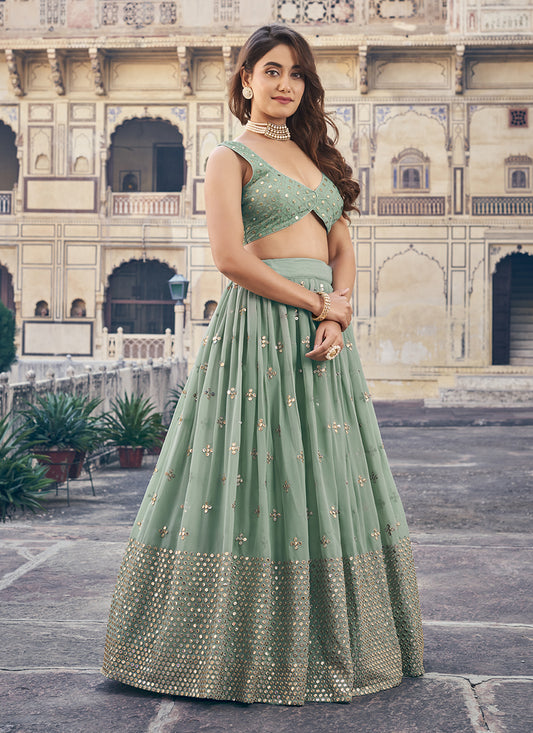 Mint Blue Georgette Embroidered Lehenga Choli
