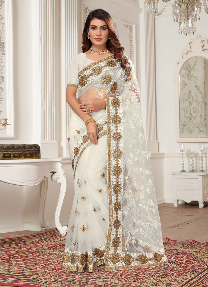 Off White Net Embroidered Designer Saree