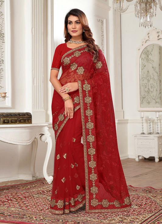 Maroon Net Embroidered Designer Saree