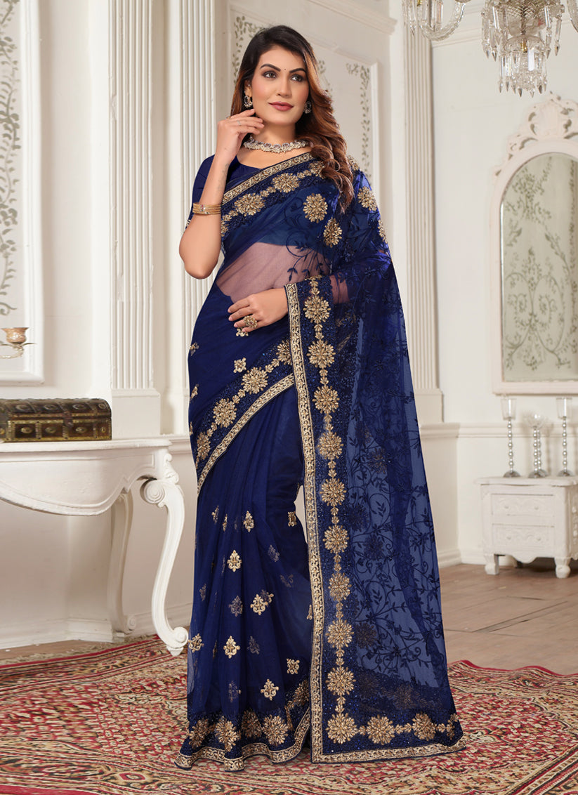 Navy Blue Net Embroidered Designer Saree