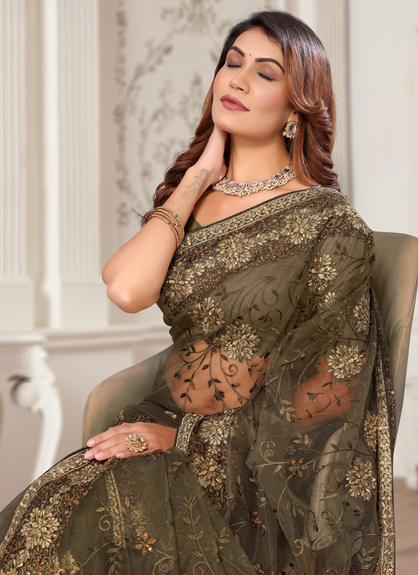 Brown Net Embroidered Designer Saree