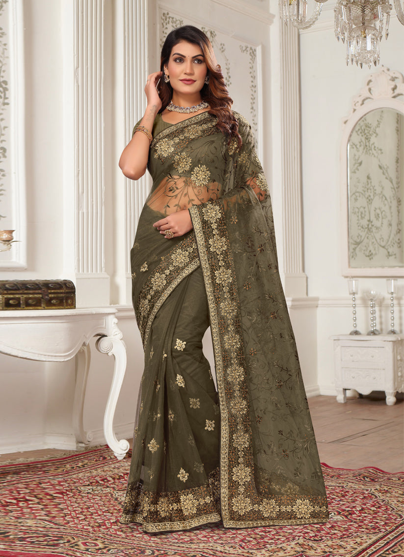 Brown Net Embroidered Designer Saree