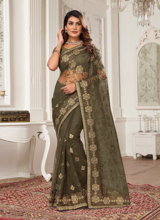 Brown Net Embroidered Designer Saree