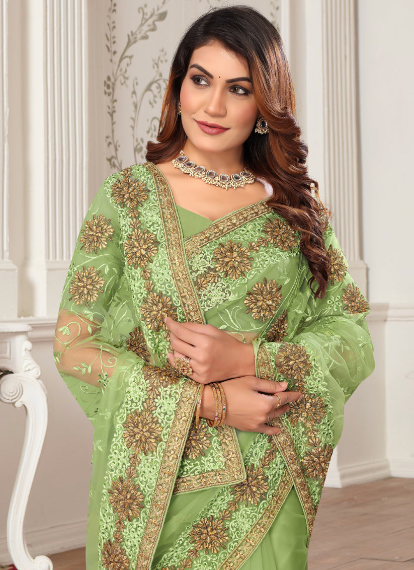 Green Net Embroidered Designer Saree