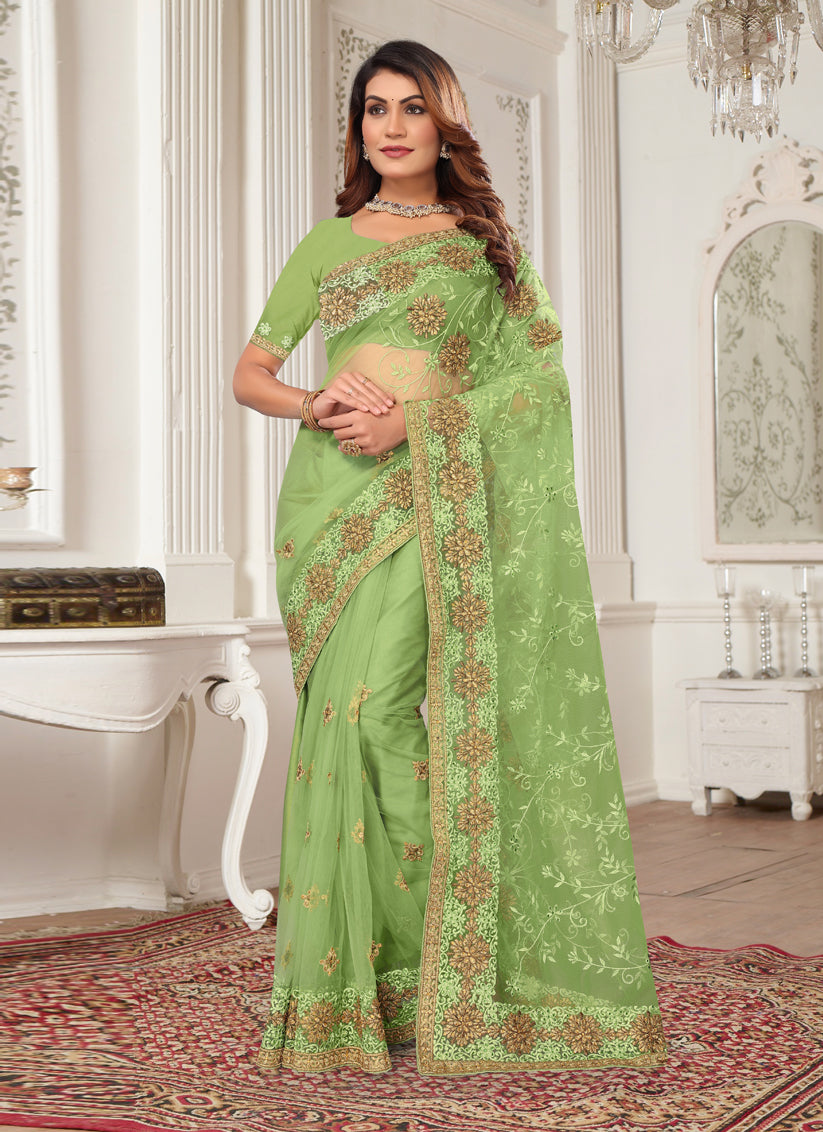 Green Net Embroidered Designer Saree
