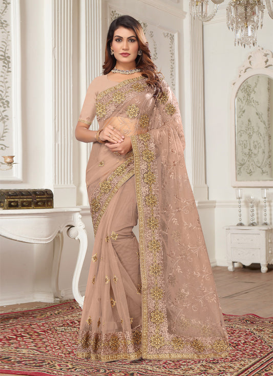 Peach Net Embroidered Designer Saree