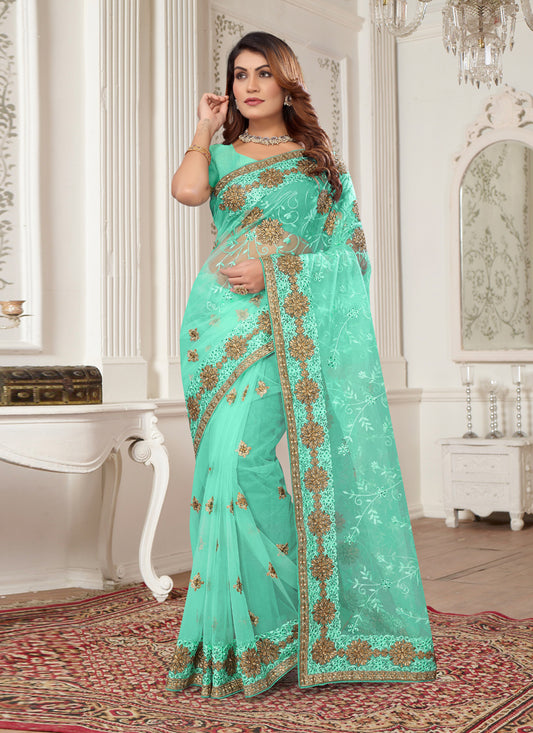 Sea Green Net Embroidered Designer Saree