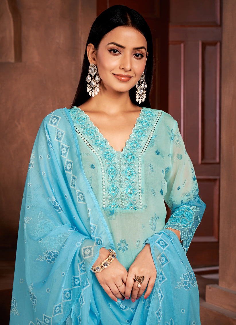Ice Blue and Sky Blue Organza Readymade Pant Kameez