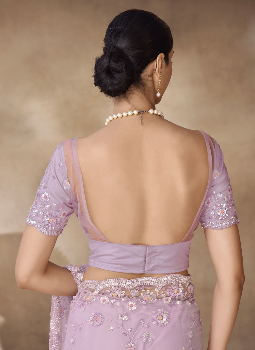 Lilac Net Embroidered Designer Wedding Saree