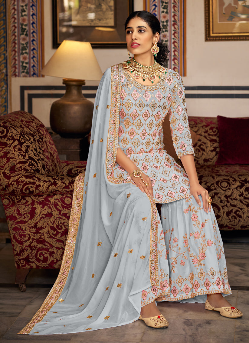 Soft Grey Faux Georgette Embroidered Sarara Kameez