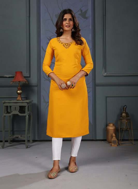 Mustard Yellow Cotton Embellished Kurti with Bottom