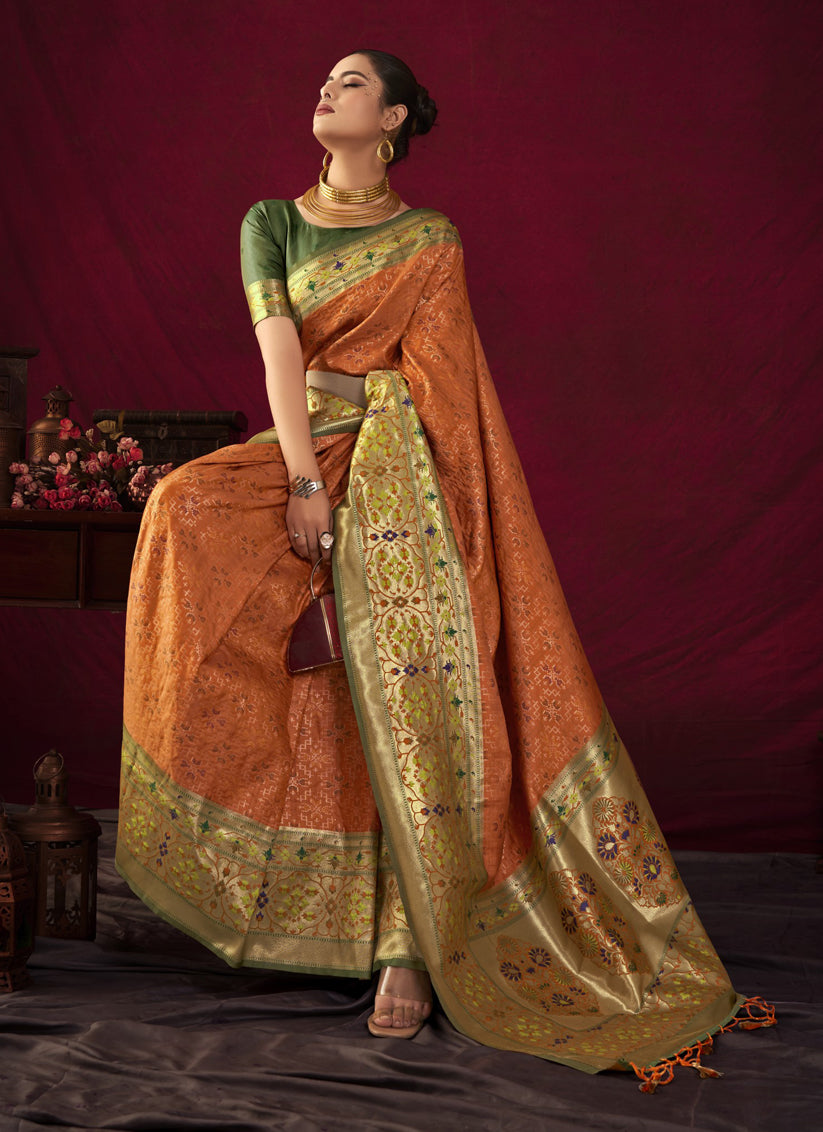Orange Paithani Silk Zari Woven Saree For Festival