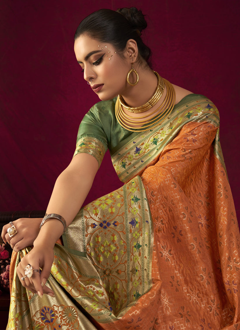 Orange Paithani Silk Zari Woven Saree For Festival