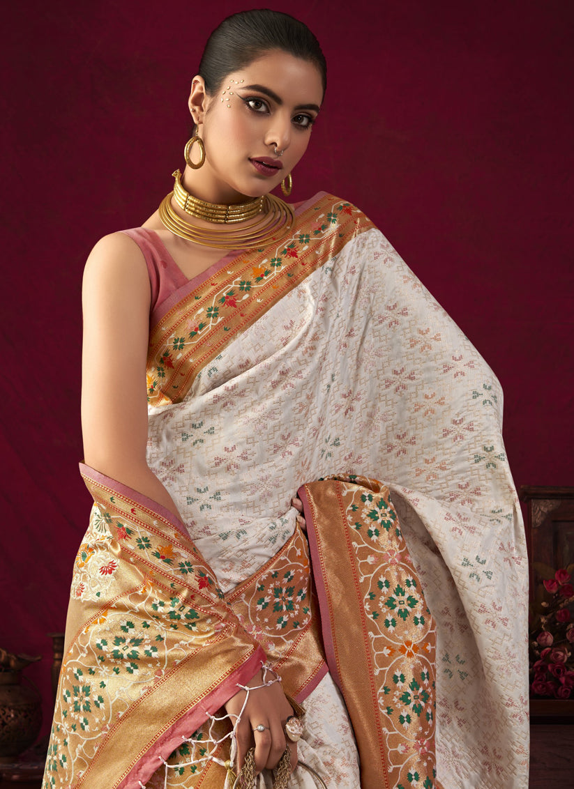 White Paithani Silk Zari Woven Saree For Festival