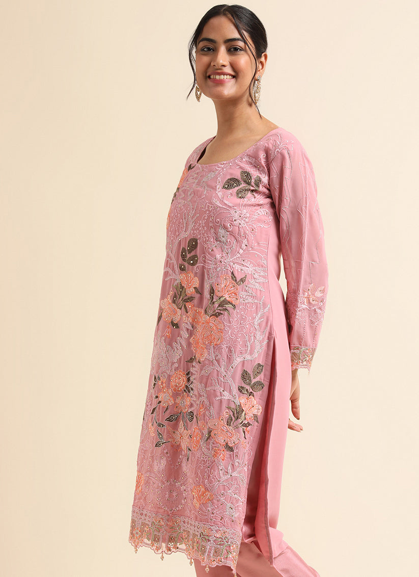 Pink Faux Georgette Embroidered Pant Kameez Suit