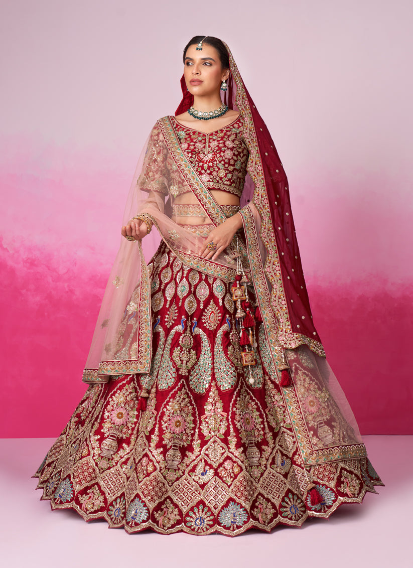 Crimson Red Silk Embroidered Designer Bridal Lehenga Choli TDO Australia