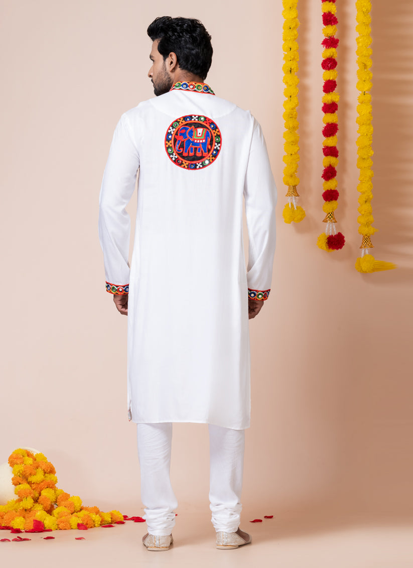White Rayon Gamthi Work Navratri Special Kurta Set