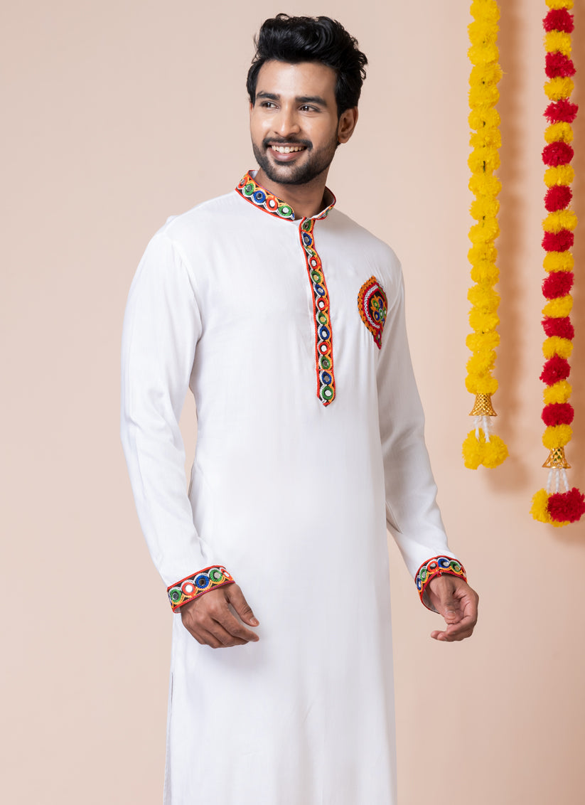 White Rayon Gamthi Work Navratri Special Kurta Set