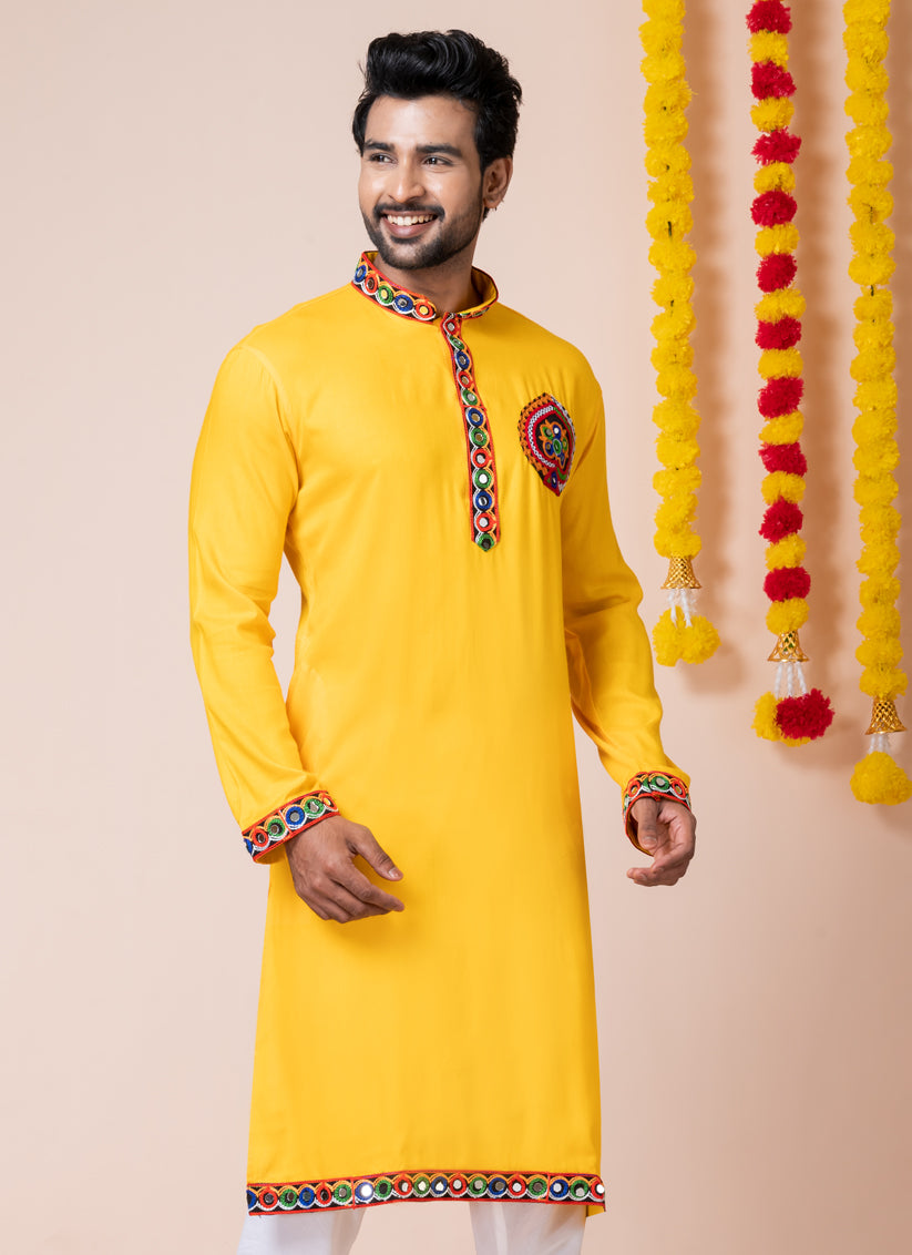 Yellow Rayon Gamthi Work Navratri Special Kurta Set