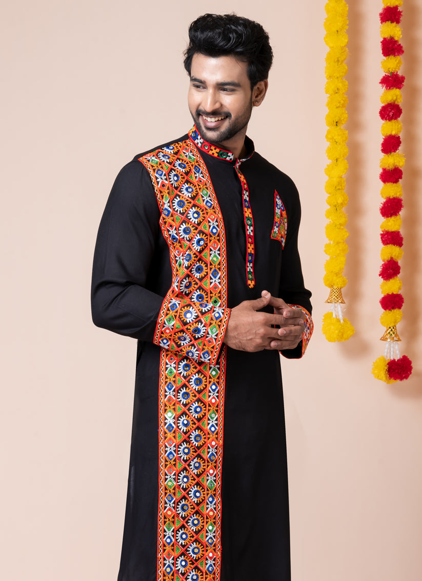Black Rayon Gamthi Work Navratri Special Kurta Set