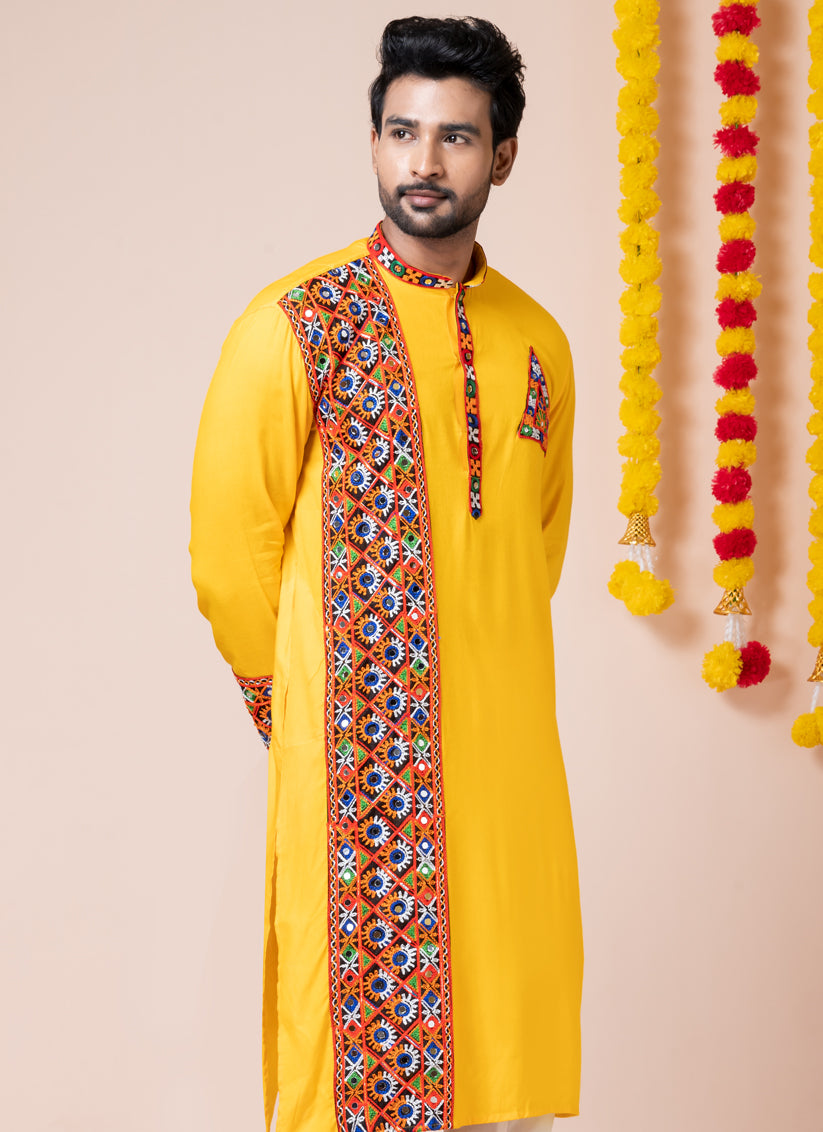 Yellow Rayon Gamthi Work Navratri Special Kurta Set