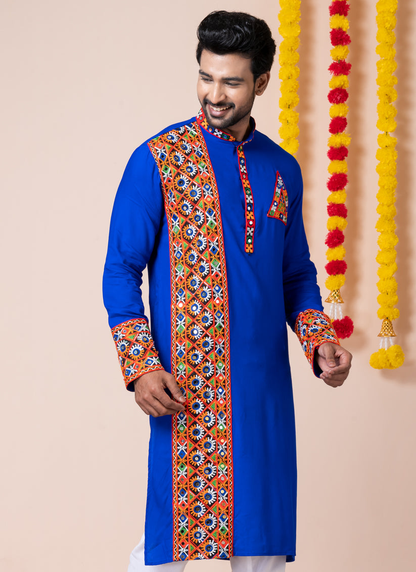 Royal Blue Rayon Gamthi Work Navratri Special Kurta Set