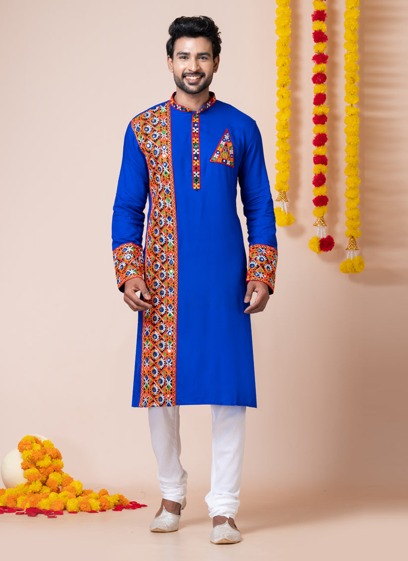 Royal Blue Rayon Gamthi Work Navratri Special Kurta Set