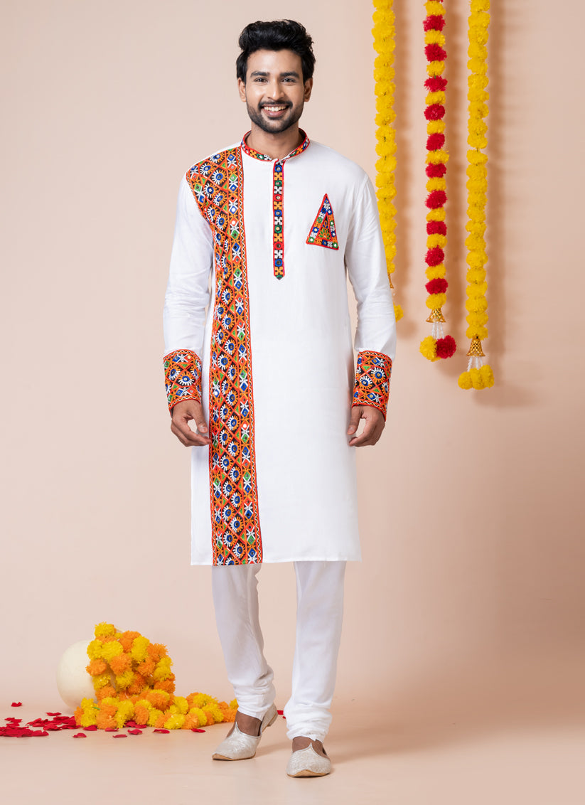 White Rayon Gamthi Work Navratri Special Kurta Set