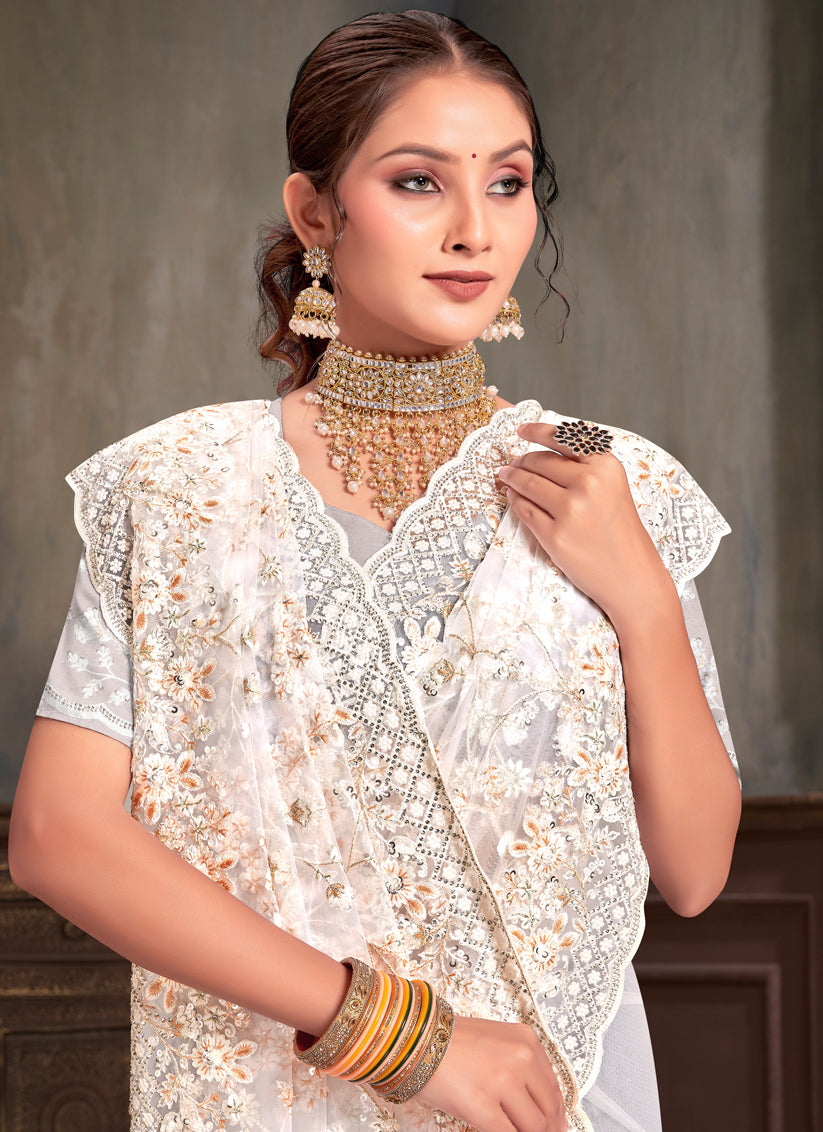 White Net Resham Embroidered Saree