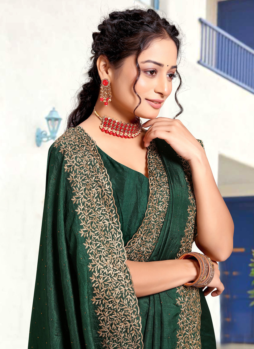 Bottle Green Art Silk Embroidered Festival Saree