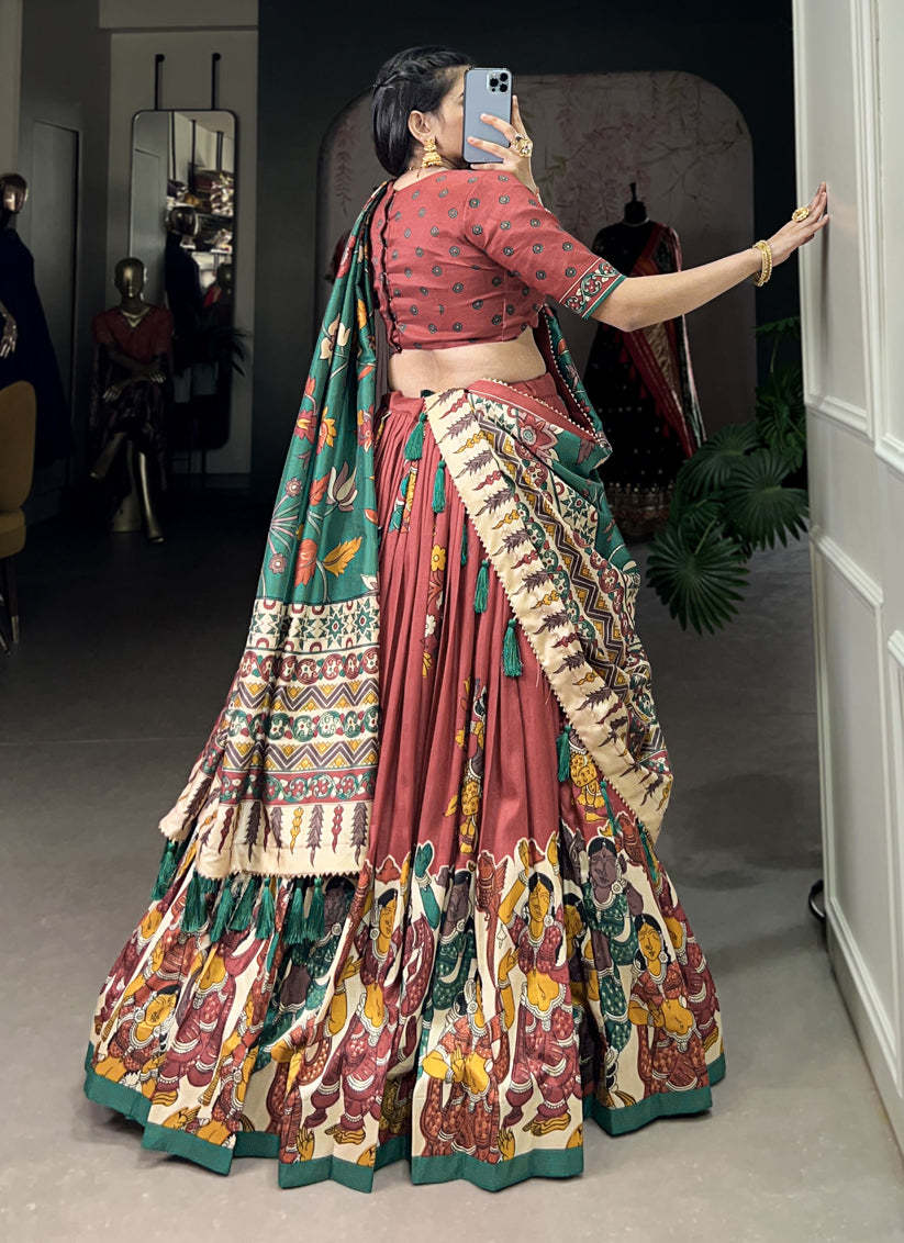 Rust Tussar Silk Kalamkari Printed Chaniya Choli