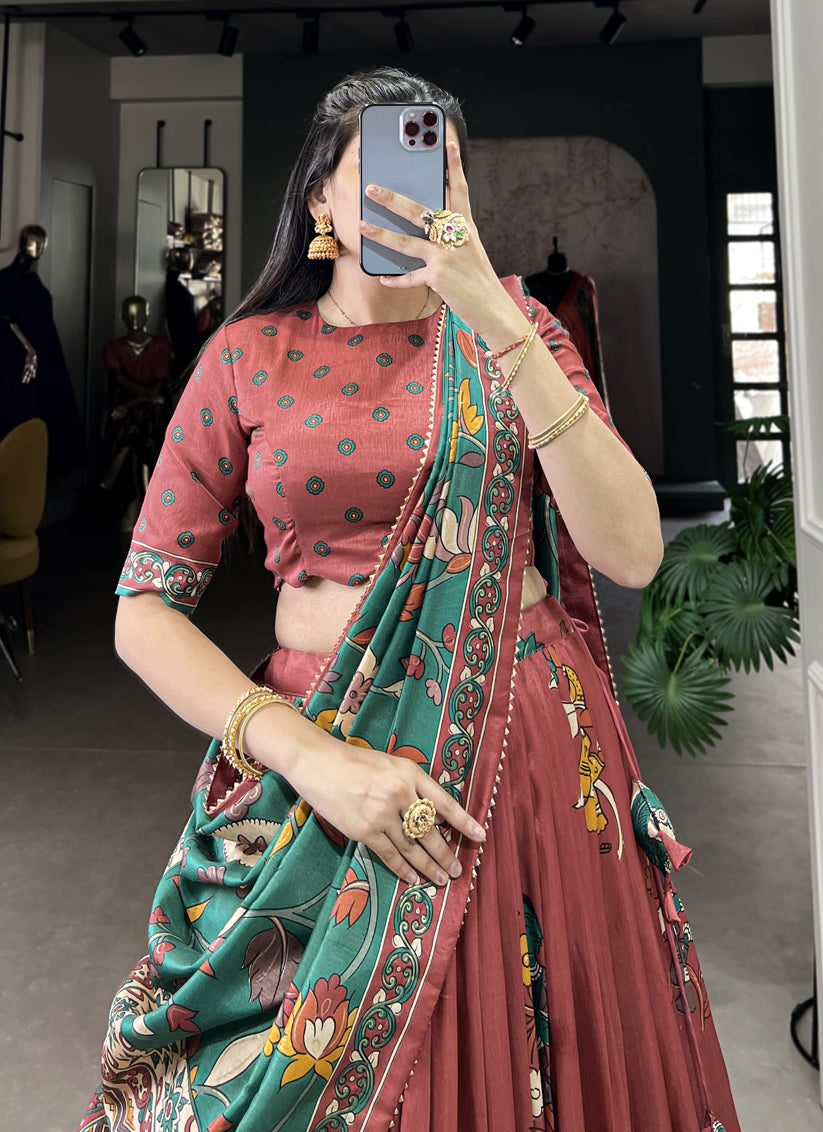 Rust Tussar Silk Kalamkari Printed Chaniya Choli