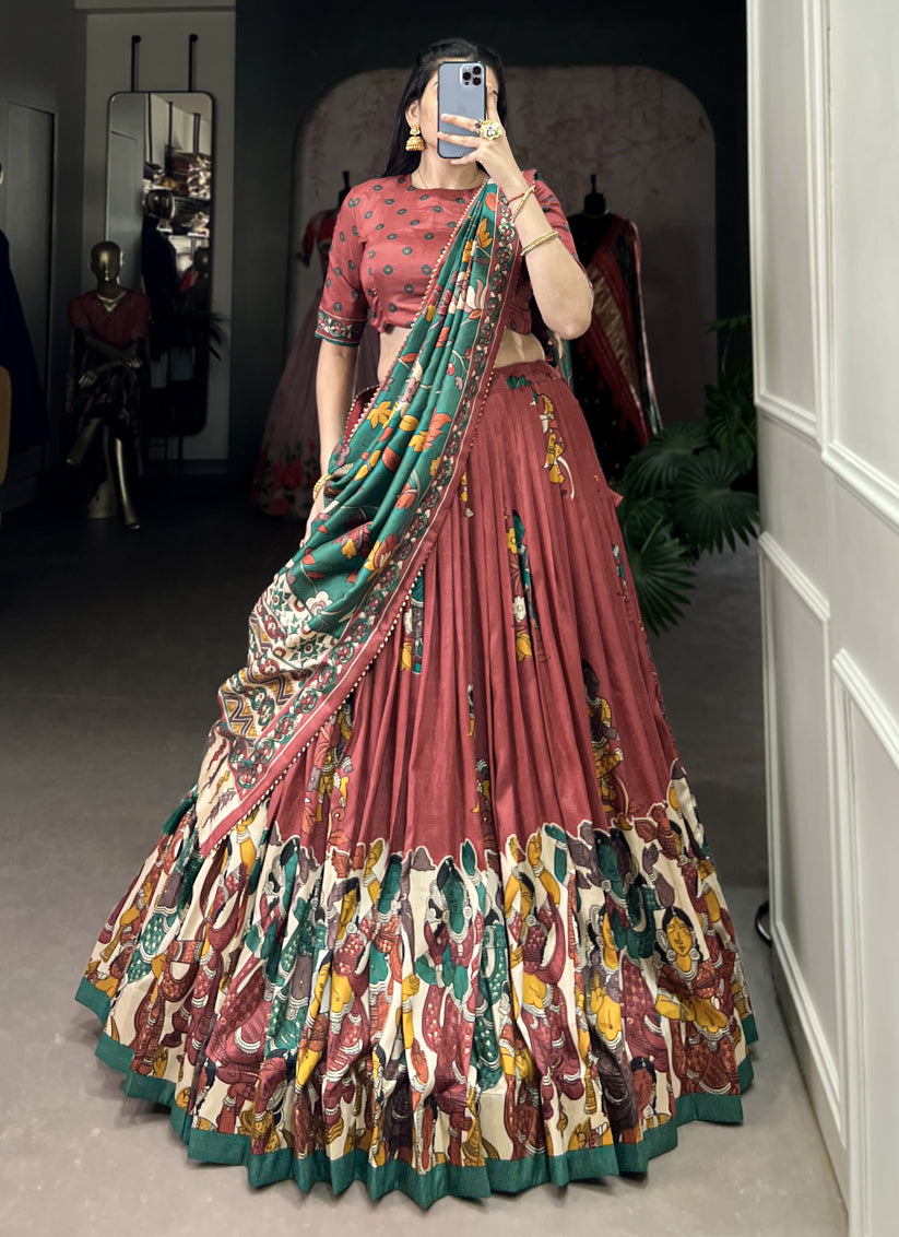 Rust Tussar Silk Kalamkari Printed Chaniya Choli