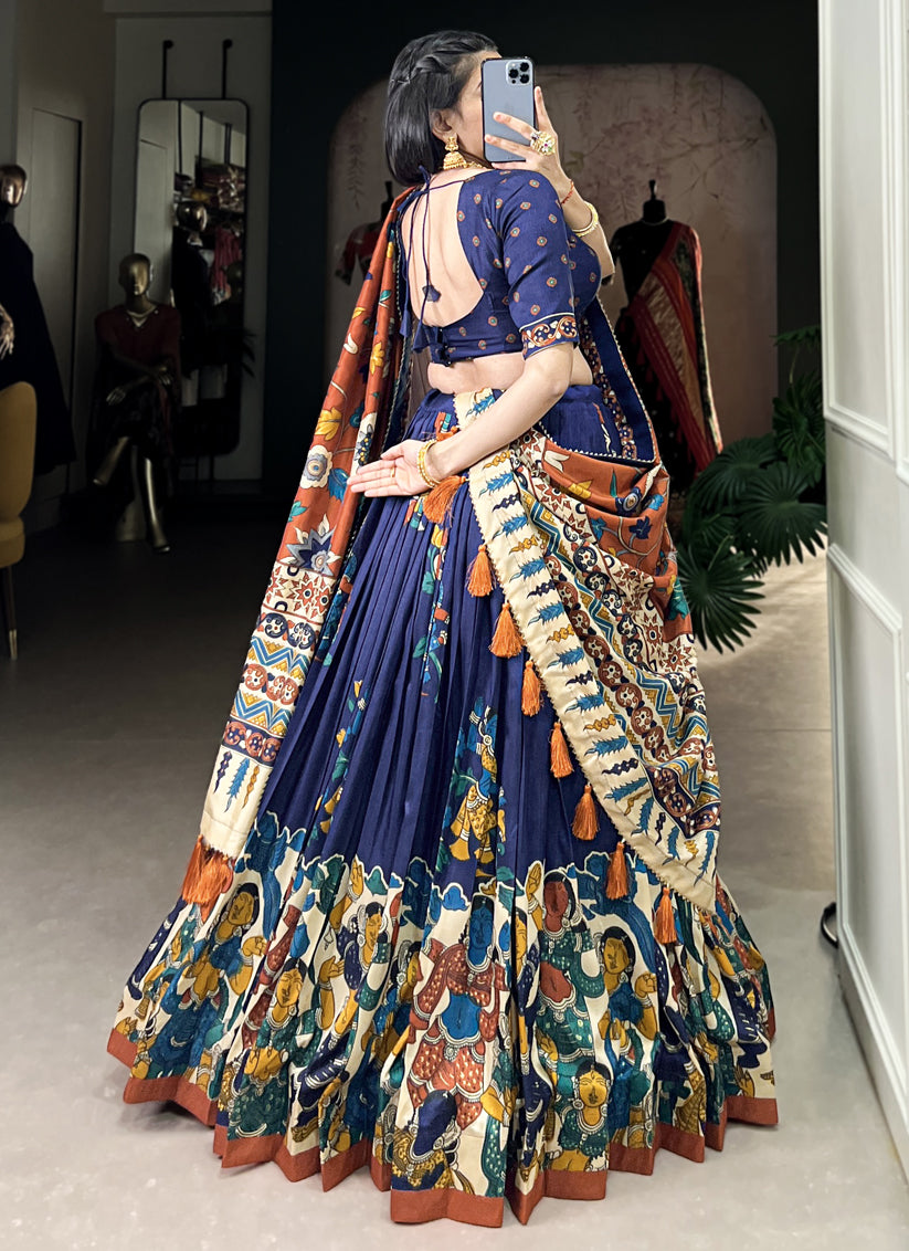 Navy Blue Tussar Silk Kalamkari Printed Chaniya Choli