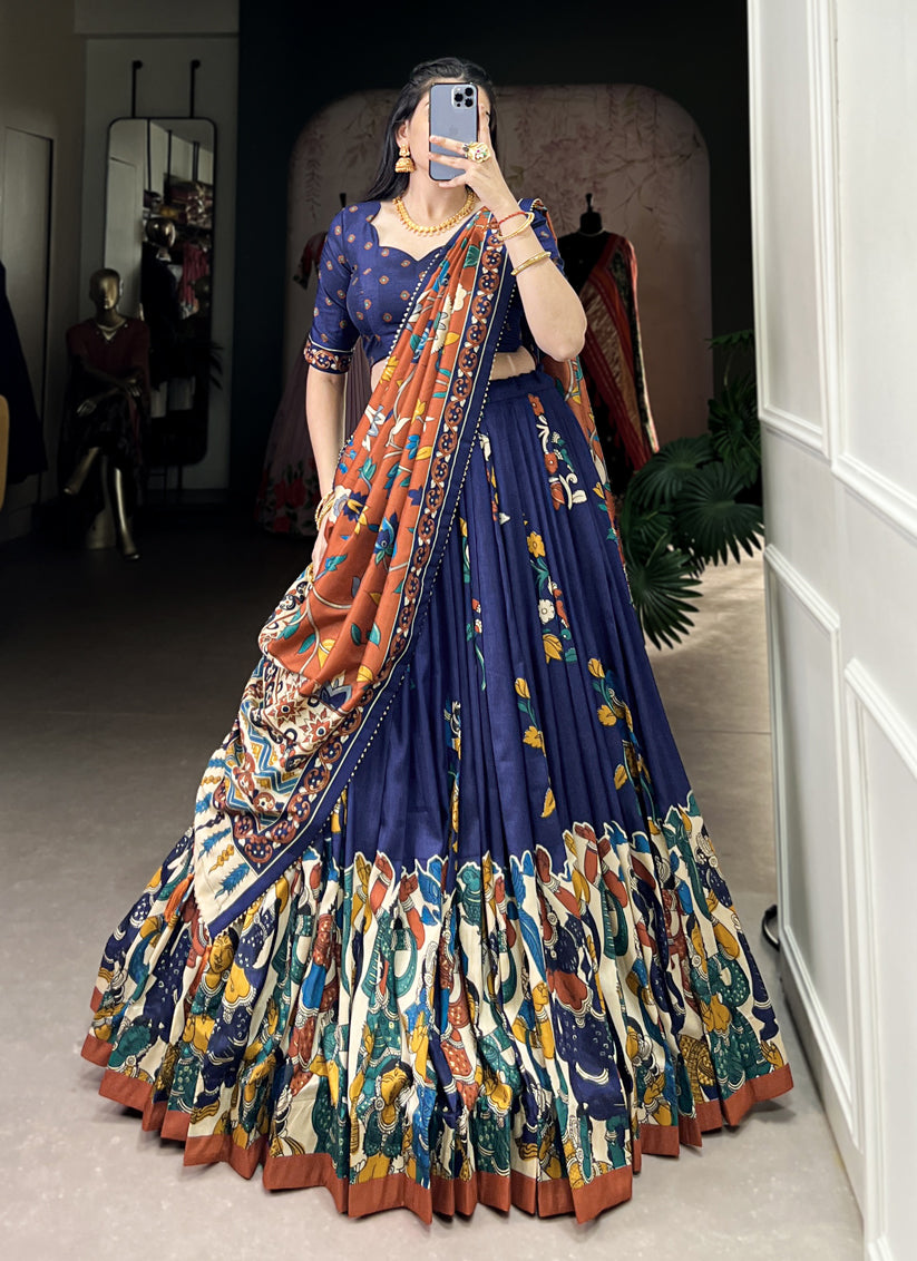 Navy Blue Tussar Silk Kalamkari Printed Chaniya Choli