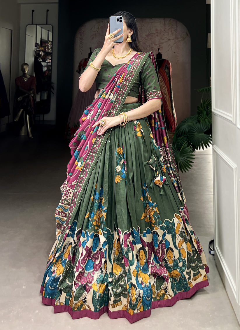 Green Tussar Silk Kalamkari Printed Chaniya Choli