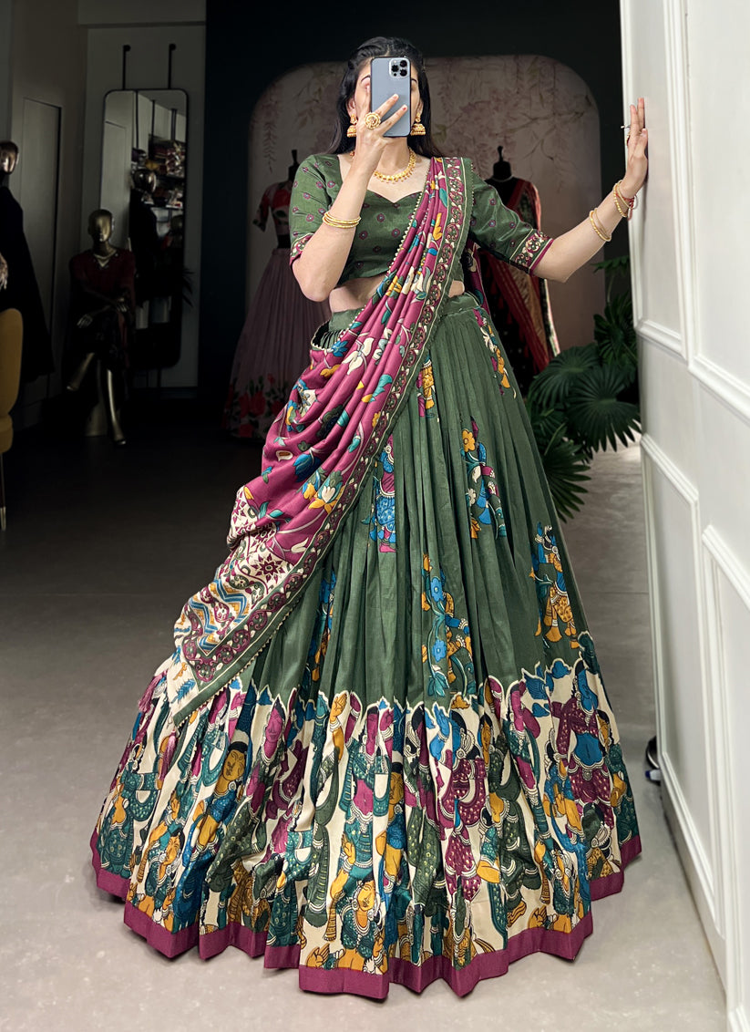 Green Tussar Silk Kalamkari Printed Chaniya Choli