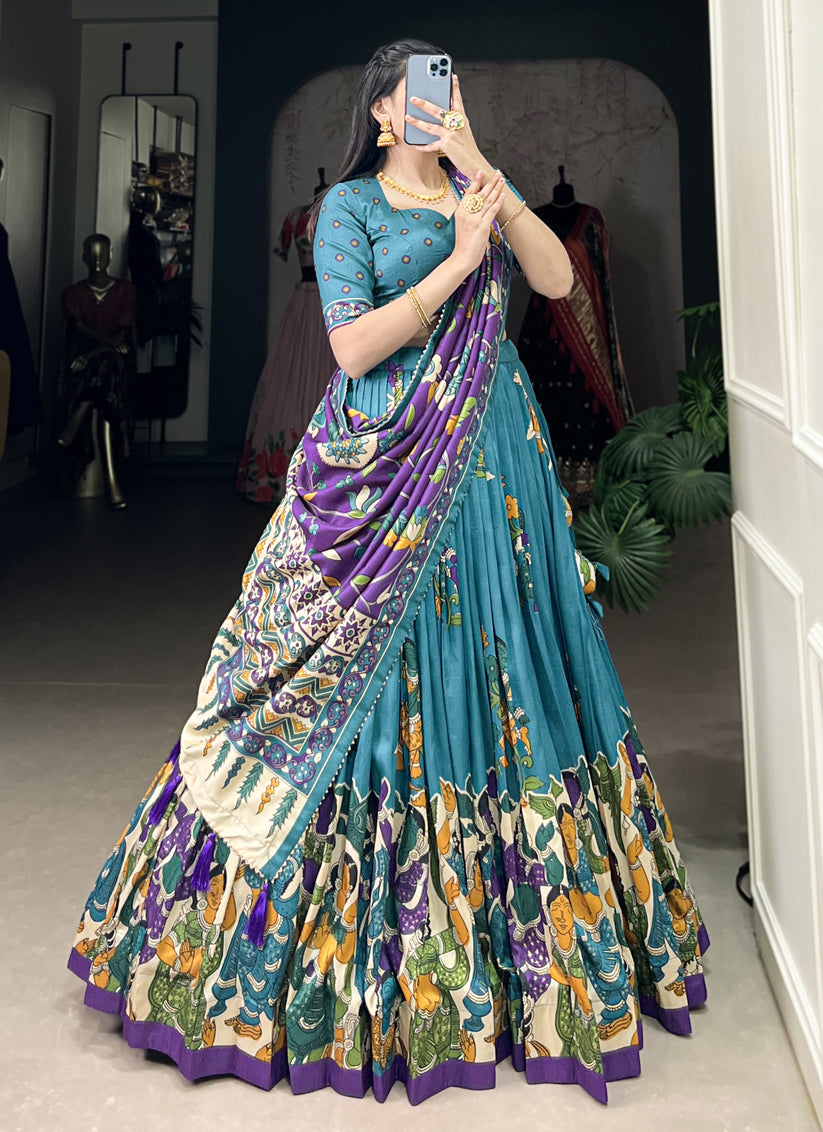 Sky Blue Tussar Silk Kalamkari Printed Chaniya Choli