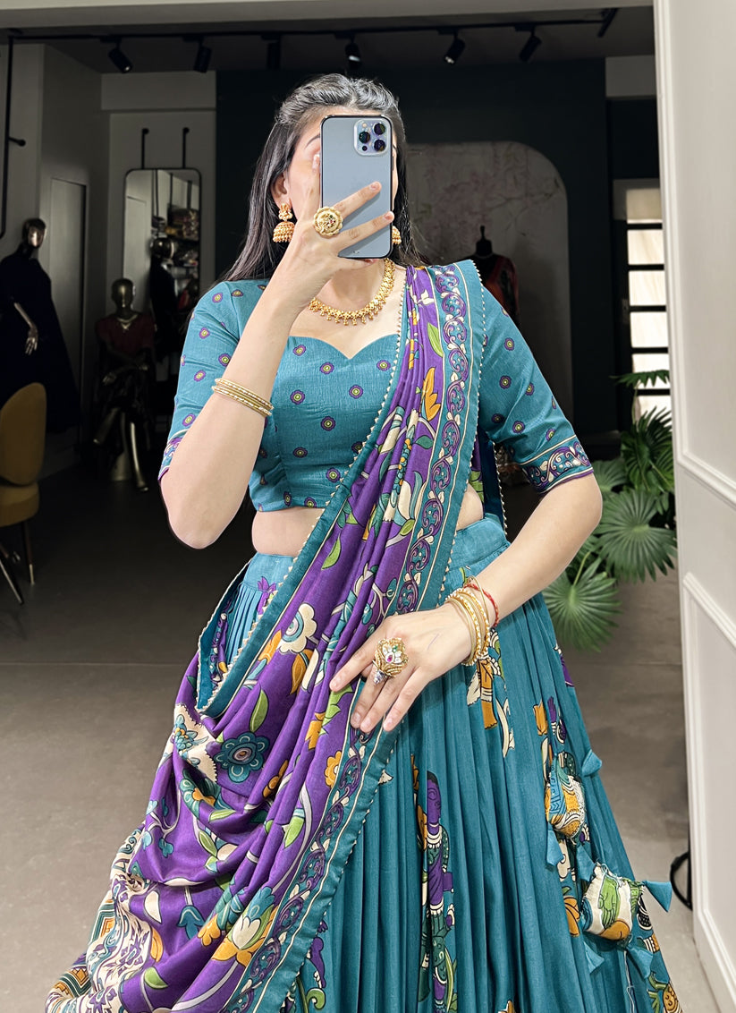 Sky Blue Tussar Silk Kalamkari Printed Chaniya Choli
