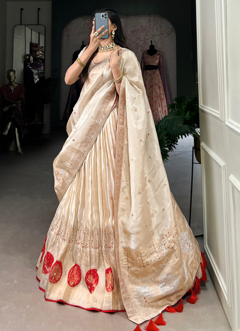 Cream & Red Pure Shimmer Navratri Special Chaniya Choli